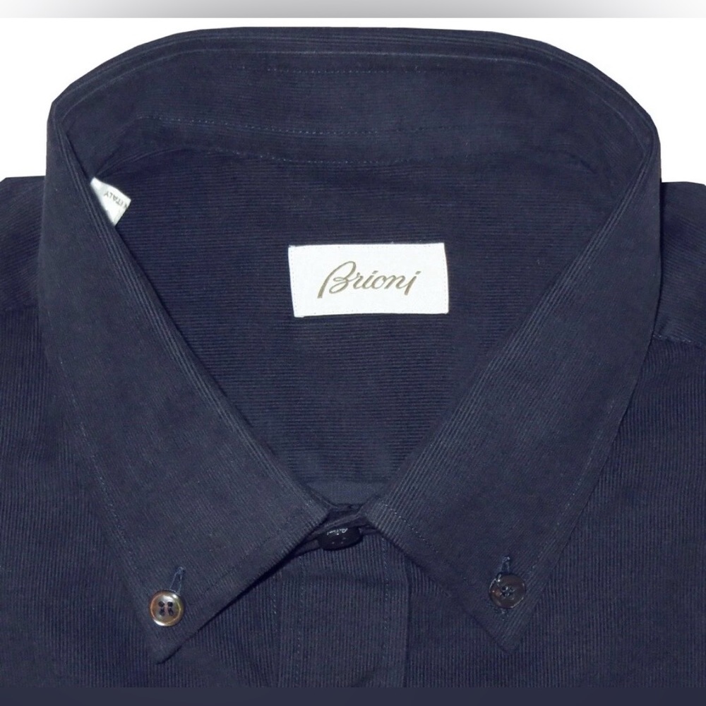 $595 NEW BRIONI DRESS SHIRT XXL TAPERED FIT DARK BLUE FINE WALE CORDUROY CASUAL